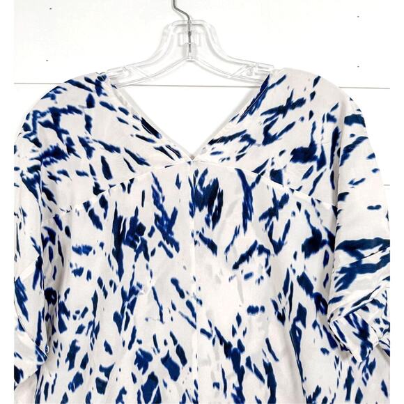 Cynthia Rowley Abstract Print V-Neck Semi-Sheer Blouse Blue White Medium - Picture 9 of 10